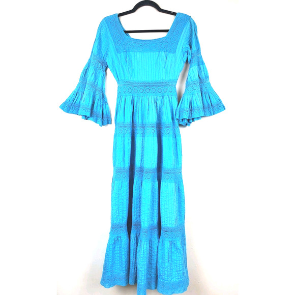 Vintage Womens Small Dress Long MAXI Bohemian Crochet Lace Flare Sleeve 1970s - Picture 10 of 10